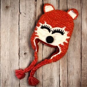 Andes Fair Trade Knit Beanie Hat Red Fox Tassels Alpaca Blend Peru Kids Adult S